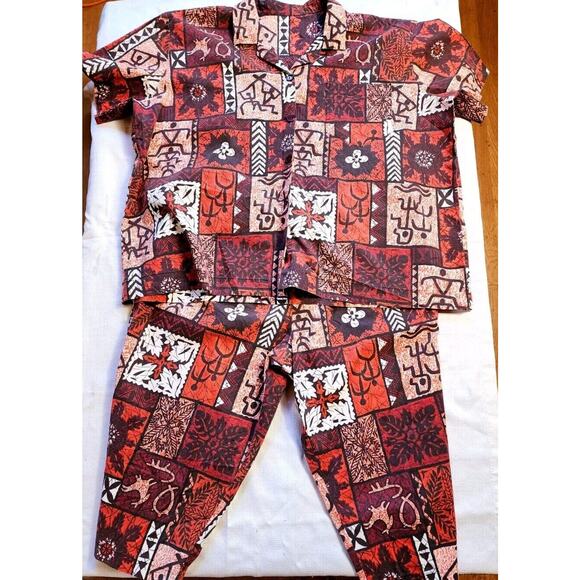 VTG 60s Hawaiian Red Tribal Floral Petroglyphs Shirt & Capri Short Set XL Hawaii - Picture 16 of 16
